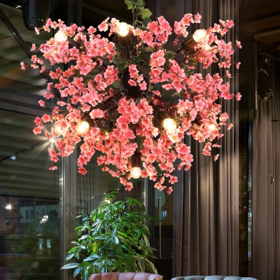 13-Head Metal Hanging Pendant Industrial Pink Flower Restaurant Chandelier with Starburst Design