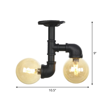 2 Lights Globe Semi Flush Ceiling Light Vintage Black Amber Glass Flushmount Lighting with Pipe Design