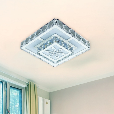 2-Tier Square Porch Ceiling Light Modern Crystal LED White Flushmount with Flower Pattern in Warm/White Light