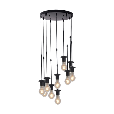3/5/10 Heads Multiple Hanging Light Antiqued Bulb Shape Metal Mini Ceiling Lamp with Round/Linear Canopy in Black