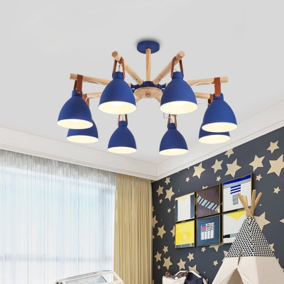 3/6/8 Heads Living Room Chandelier Macaron White/Blue and Wood Ceiling Suspension Lamp with Dome Iron Shade