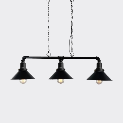 3 Bulbs Iron Pendant Light Warehouse Black Piping Loft House Hanging Lamp over Island with Cone Shade