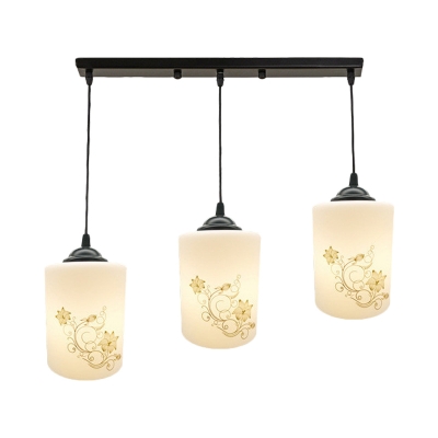 3 Heads Multi Pendant Romantic Pastoral Cylinder White Glass Hanging Ceiling Light with Blossom Pattern, Round/Linear Canopy
