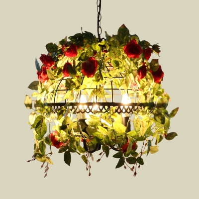 3 Heads Suspension Lamp Iron Rustic Restaurant Chandelier Pendant with Hemisphere Flower Shade in Pink/Red