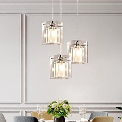 3 Light Cluster Pendant Modern Layered Square Shade Crystal Hanging Ceiling Light in Chrome