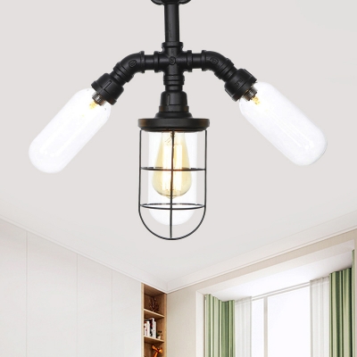 3-Light Semi Flush Mount Lighting Industrial Cage and Orb/Capsule Clear Glass Flush Ceiling Lamp in Black