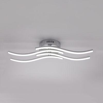 4-Waving Linear Semi Mount Lighting Modern Metal LED Nickel Flush Lamp Fixture, White/Warm Light