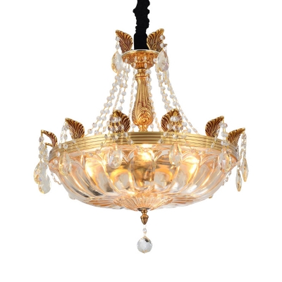 5-Light Bowl Chandelier Modern Brass Clear Crystal Glass Pendant Light with Leaf Design