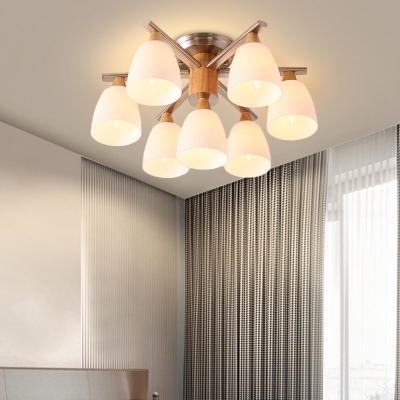 7 Lights Living Room Semi Flush Mount Modernist Chrome and Wood Radial Close to Ceiling Light with Cup Opal Glass Shade