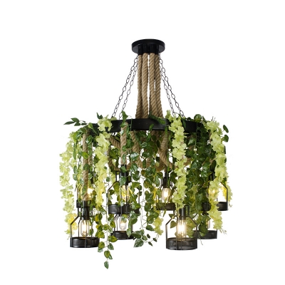 8 Lights Cage Pendant Chandelier Loft Black Iron Drop Lamp with Rope and Green Plant/Purple Flower Decoration