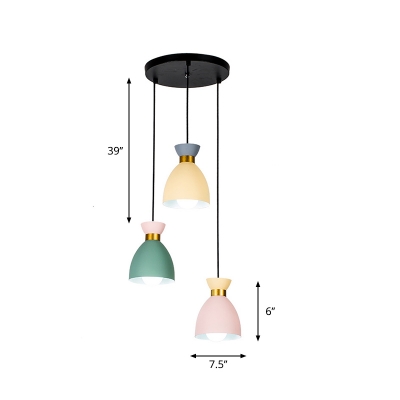 Aluminum Domed Multi Light Pendant Macaron 3 Heads Green-Yellow-Pink Hanging Ceiling Light over Table