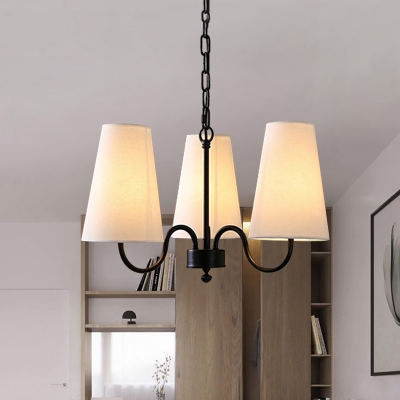 Beige Fabric Conic Suspension Light Farmhouse 3/5-Light Dining Room Ceiling Chandelier in Black