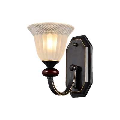Black Curved Arm Sconce Traditional Metal 1/2 Lights Living Room Wall Lamp with Floral Ribbed Glass Shade
