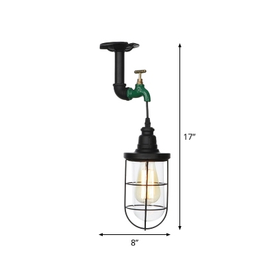 Black Finish 1-Bulb Semi Flush Mount Light Industrial Iron Caged Flush Lamp Fixture with Clear Glass Shade