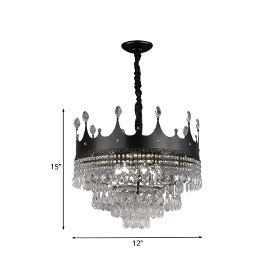 Black Finish Crown Hanging Chandelier Kids 4/5/6 Heads Metal Ceiling Pendant Light with Crystal Drop Decor