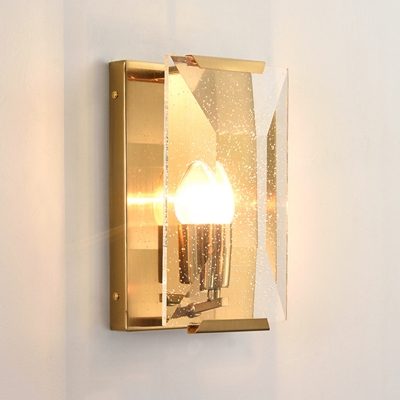 Brass Box Wall Light Fixture Antiqued Clear Seeded/Sleek Crystal Panel 1 Bulb Parlor Wall Sconce