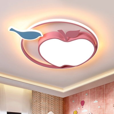 Cartoon LED Flush Mount Lighting Blue-Pink Bird and Apple Flush Lamp Fixture with Acrylic Shade in Warm/White Light