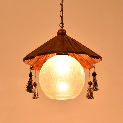 Classic Globe Pendant Light 1 Head Clear Crackle Glass Ceiling Fixture in Brown with Conical Wood Shade