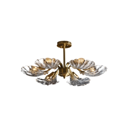 Clear Glass Brass Semi Flush Shell Shape 6 Heads Contemporary Close to Ceiling Lighting