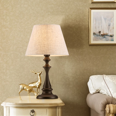 Cone Shade Fabric Night Lamp Vintage 1 Bulb Bedside Table Lighting in White with Baluster Base