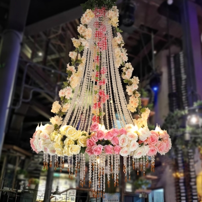 Crystal Cascade Ceiling Suspension Lamp Industrial 10 Bulbs Flower Restaurant Chandelier in White