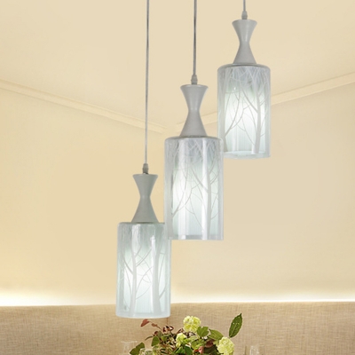 Cylindrical Cluster Pendant Light Modern Opal Glass 3-Light White Hanging Lamp Kit with Tree Pattern