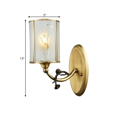 Cylindrical Frosted Glass Panes Sconce Retro Single-Bulb Dining Room Wall Mount Lamp in Brass
