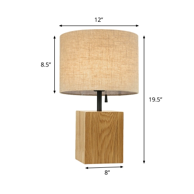 Drum Fabric Table Light Modernism 1 Head Flaxen Pull Chain Nightstand Lamp with Cuboid Wood Base