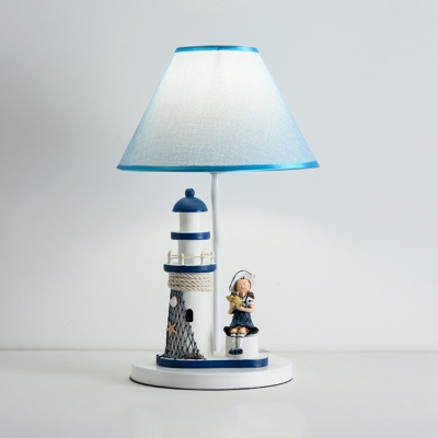 Fabric Cone Table Lighting Mediterranean Style 1 Light White/Blue Night Lamp with Lighthouse and Boy/Girl Deco
