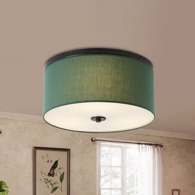 Fabric Green Ceiling Lamp Drum Shade 5 Bulbs Farmhouse Style Flush Mount Lighting