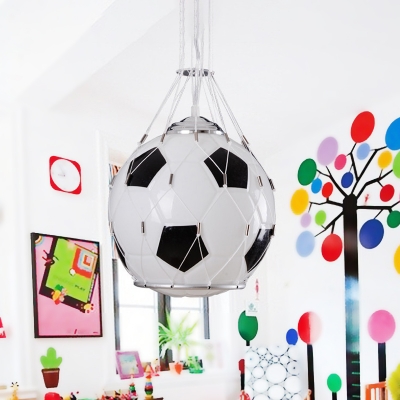 Football White Glass Pendant Lighting Cartoon 1 Light Black Hanging Ceiling Lamp with Mesh