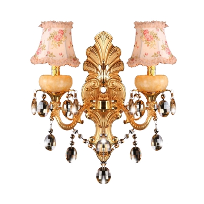 Gold Dual Curved Arm Wall Light Traditional 2-Light Crystal Candlestick Wall Sconce with Empire Fabric Shade
