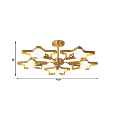 Gold Finish Star Frame Semi Mount Lighting Cartoon 3/4/5 Bulbs Metal Radial Flush Ceiling Lamp