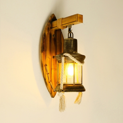 Kerosene Dining Room Wall Mounted Lamp Warehouse Clear Glass 1-Light Brass Sconce Lighting with Oval Bamboo Backplate