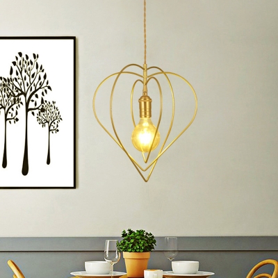 Loving Heart Frame Pendulum Light Nordic Metal 1-Bulb Gold Finish Hanging Ceiling Lamp