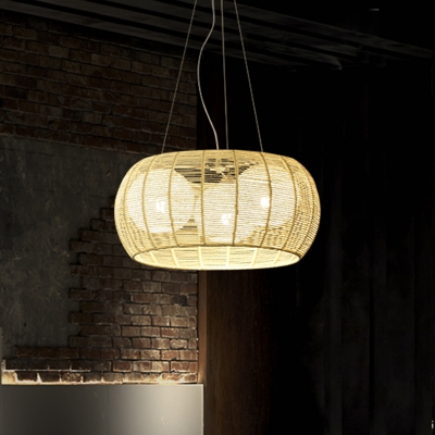 Melon Cage Rattan Woven Chandelier Modern 3-Head Beige Ceiling Pendant Light over Dining Table