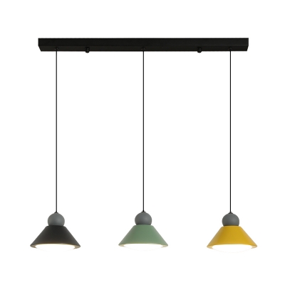 Metal Cone Multi Light Pendant Macaron Style 3 Heads Black-Green-Yellow LED Suspension Lamp
