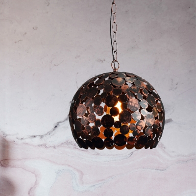 Metal Domed Drop Pendant Light Antiqued 1-Head Dining Room Suspension Lamp in White/Red Brown with Splicing Dot Design