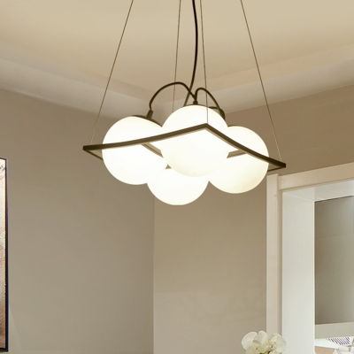 Modern 3/4 Light Cluster Pendant Black Global Hanging Lamp Kit with Milky Hand Blown Glass Shade