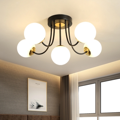 Modern Spherical Ceiling Flush White/Amber Glass 5 Heads Bedroom Semi Flush Mount Light Fixture with Branch Arm