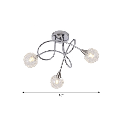 Modernist Ball Clear Glass Ceiling Light 3 Bulbs Semi Flush Mount with Winding Arm and Curled Wire Decor in Chrome