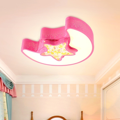 Moon and Pentagram Flush Mount Contemporary Acrylic Blue/Pink/White LED Ceiling Mounted Fixture with Starry Design for Bedroom