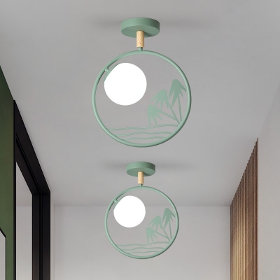 Nordic Creative Circle Semi Flush Mount Milk Glass Single Corridor Ceiling Lighting with Sea Sunrise Scene in White/Grey/Green