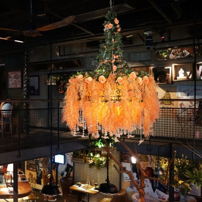 Orange Flower Chandelier Lighting Fixture Industrial 4-Bulb Restaurant Pendant with Round Cage
