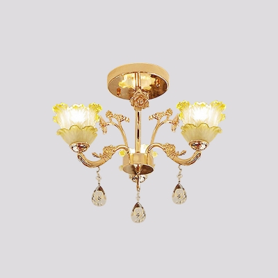 Retro 2-Layer Ruffle Semi Flush Light 3 Bulbs Crystal Ceiling Mount Chandelier with Gold Curved Arm