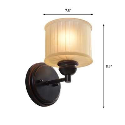 Ribbed Matte Glass Mini Drum Sconce Countryside 1 Light Family Room Wall Mounted Lamp in Black