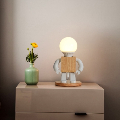Robot Shape Small Desk Light Cartoon Metal 1 Light White and Wood Night Table Lamp