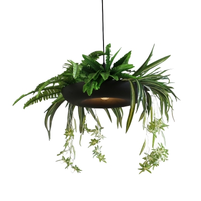 Rural Fern Plant Pendant Light Fixture Single Bulb Iron Hanging Lamp in Black and Green