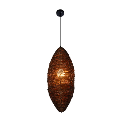 Rustic Oval Rattan Pendant Lamp 1-Light Hanging Ceiling Light in Coffee for Dining Room