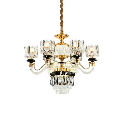 Scroll Arm Living Room Chandelier Traditional Crystal Block 6/8-Head Gold Ceiling Pendant Lamp